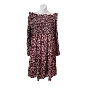 Women floral shoulder flare sleeve smock burgundy extensible dress size XL